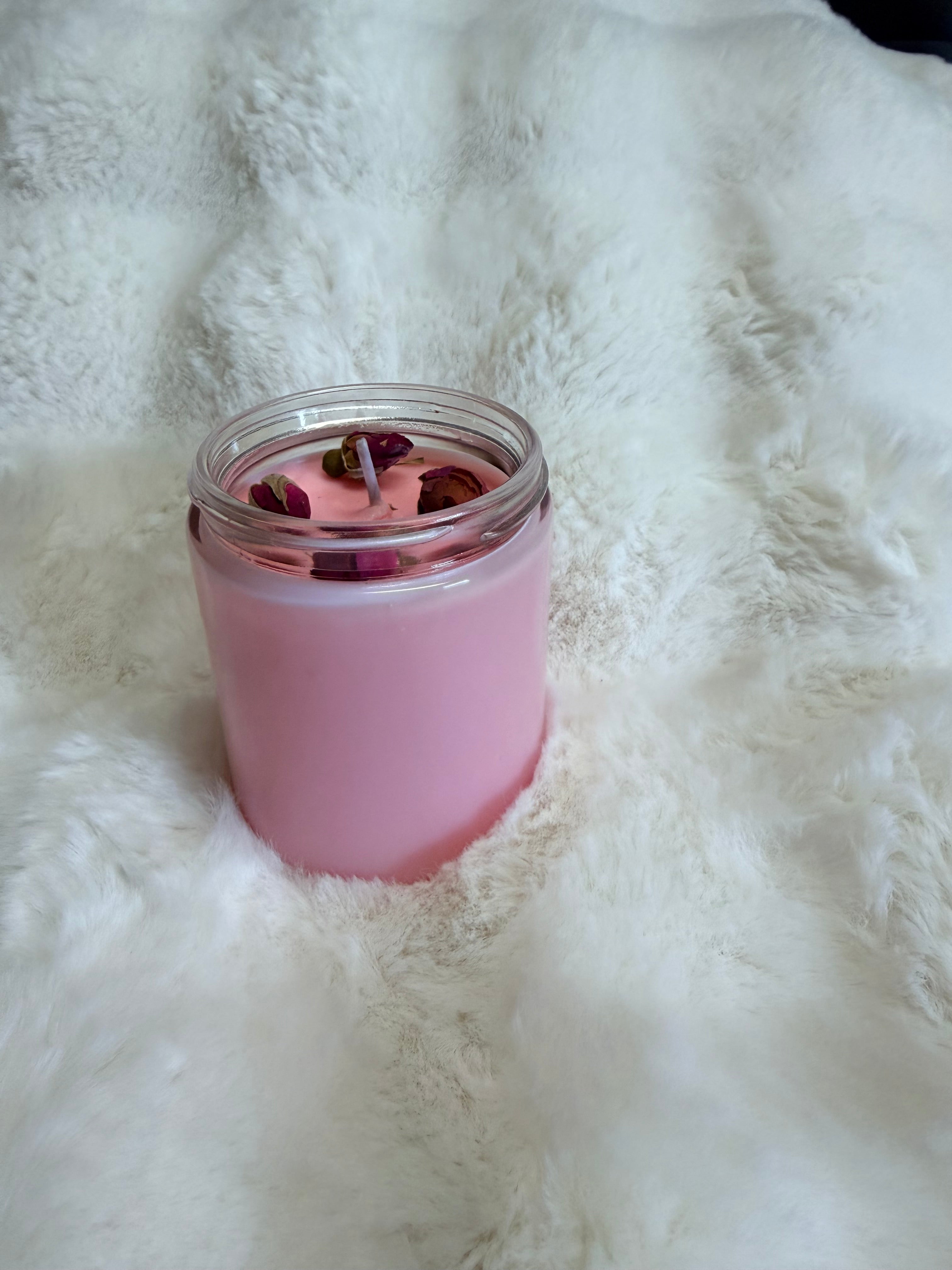 Japanese cherry blossom scented soy candle with dried rose buds