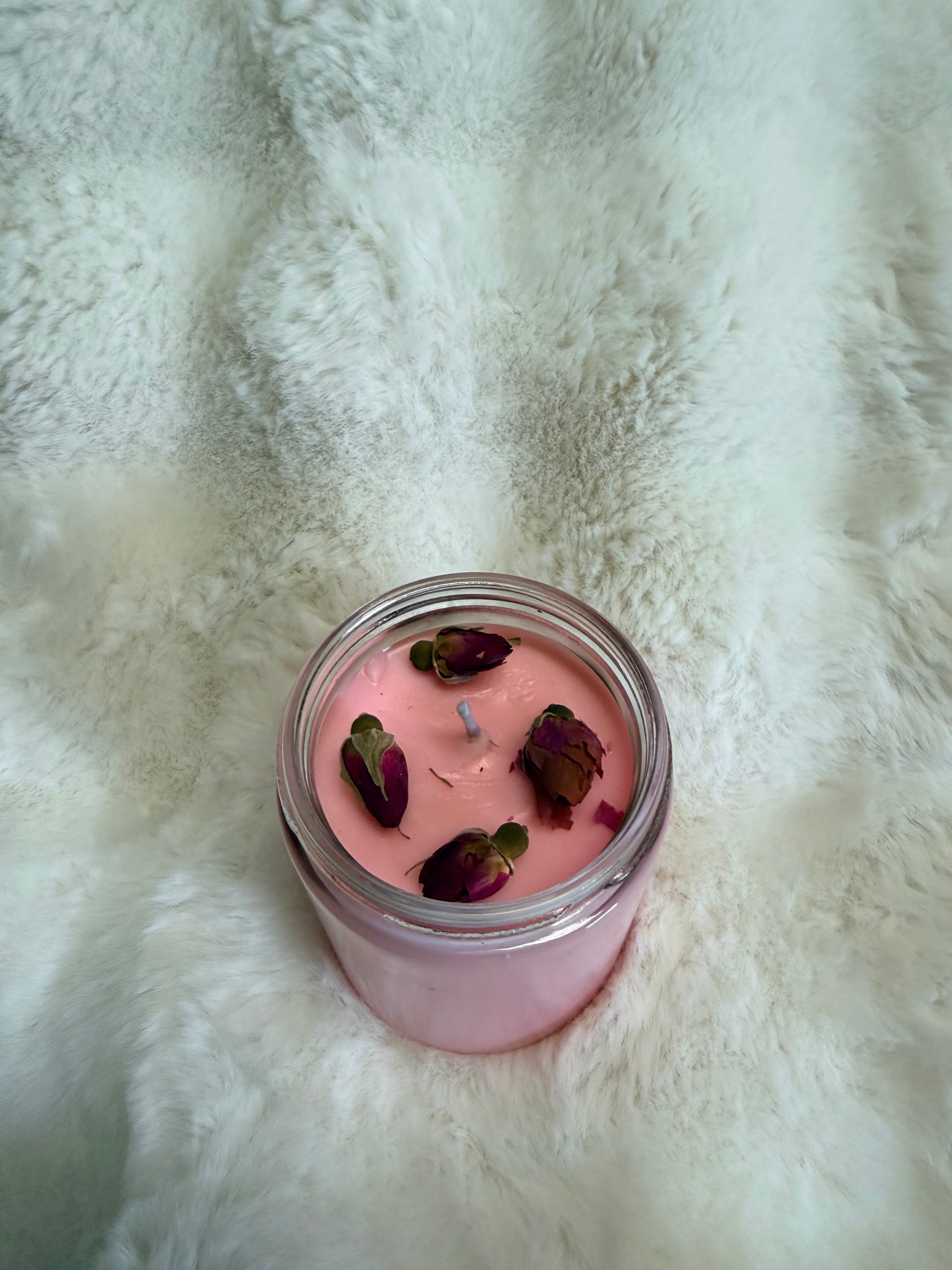 Japanese cherry blossom scented soy candle with dried rose buds