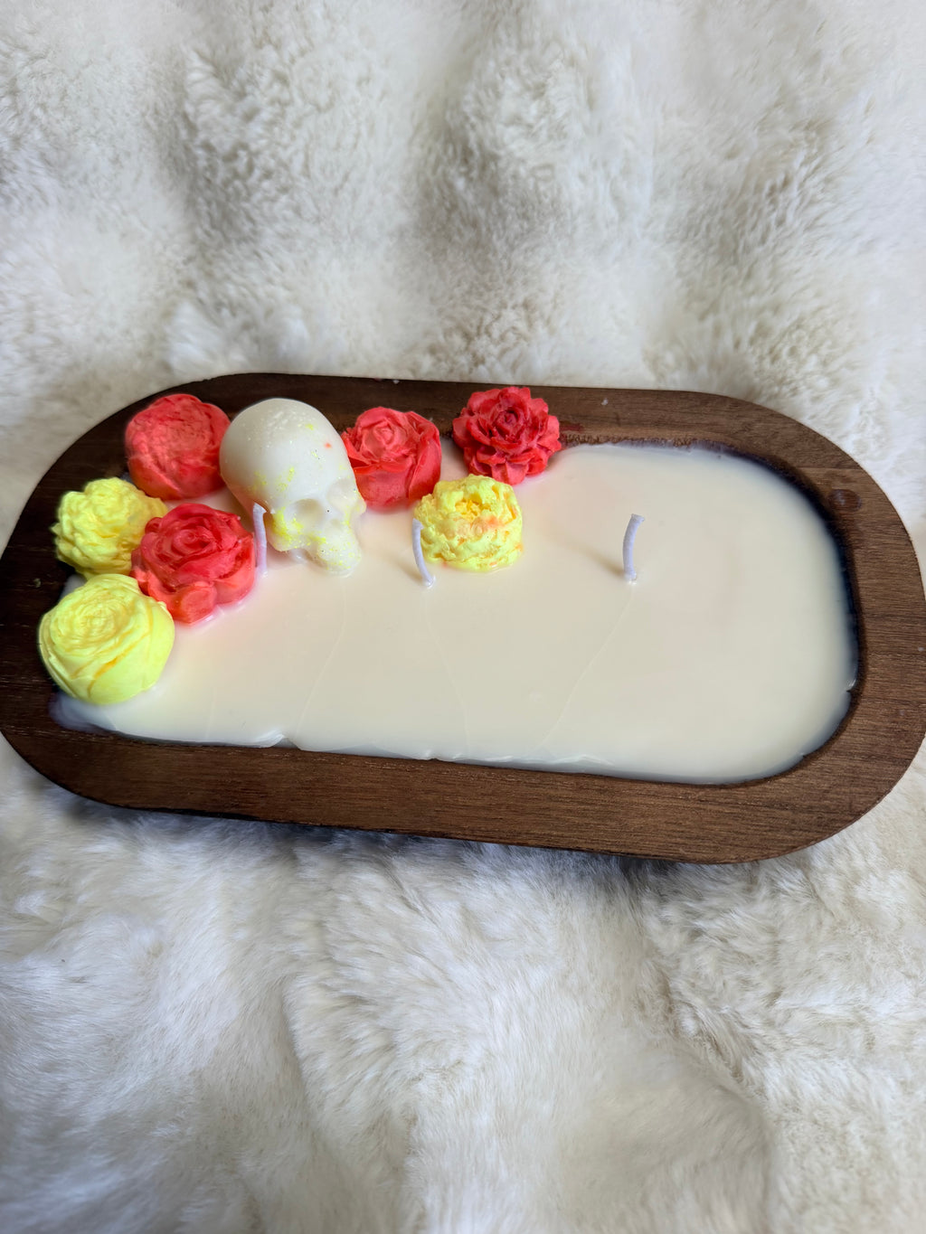 Japanese cherry blossom scented soy candle with wax flower and scull topping